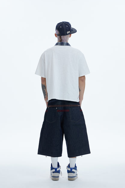Triple Suede-Strapped Star-Rivet Harness Denim Shorts