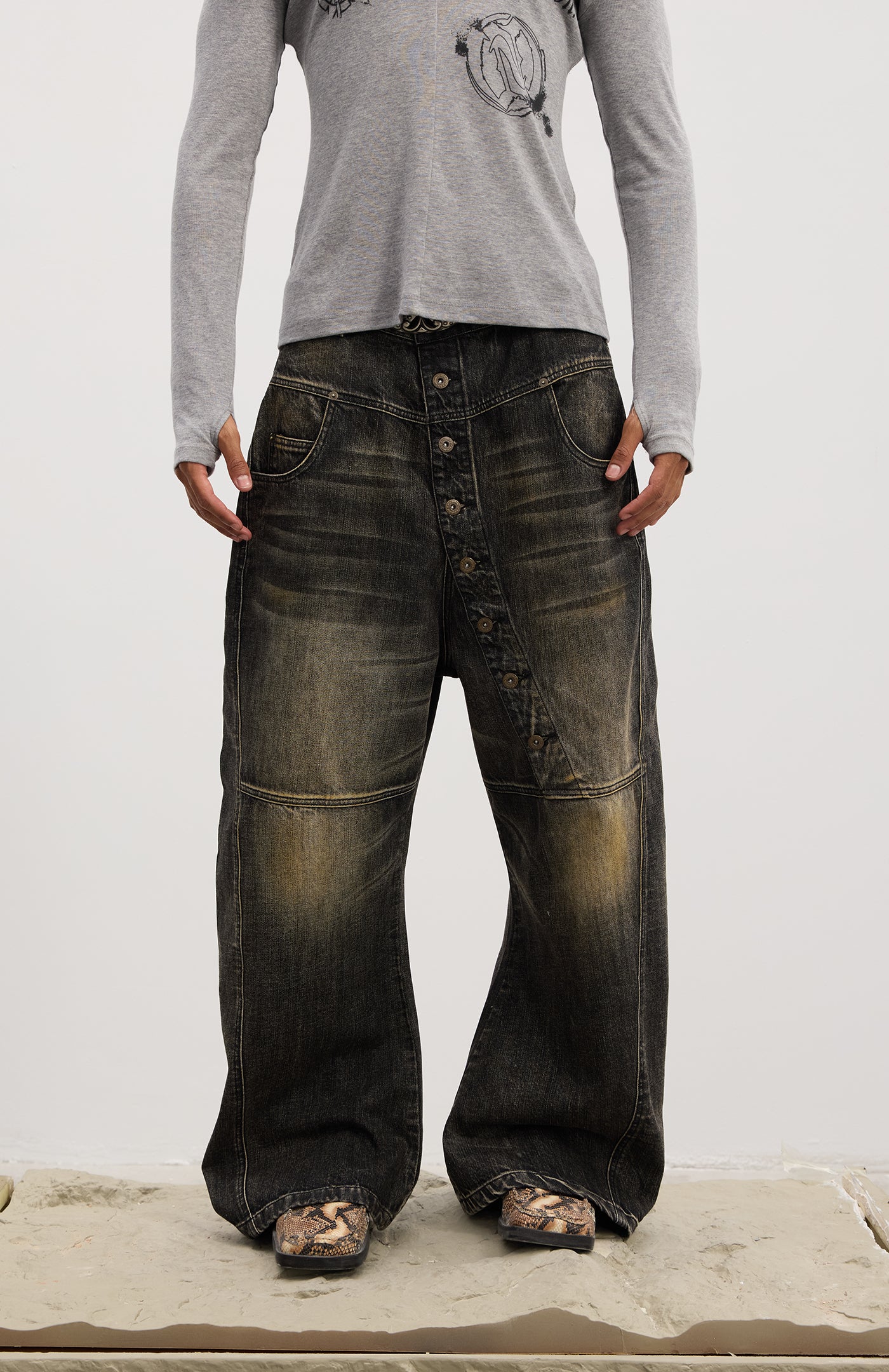 Asymmetrical Long Button Fly Curved-Blade Denim