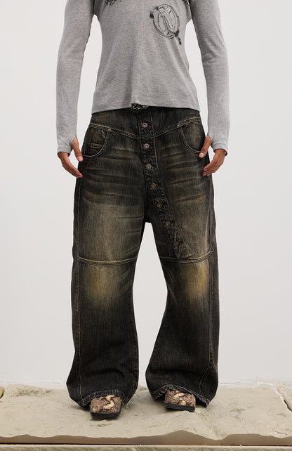 Asymmetrical Long Button Fly Curved-Blade Denim