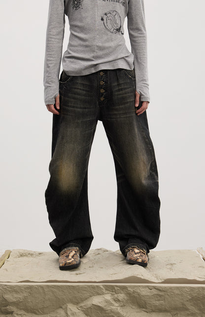Curved Button Fly Loose Fit Washed Denim