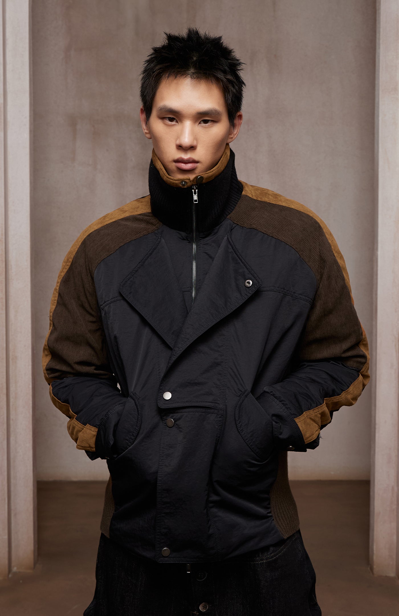 Asymmetric Front Suede-Corduroy Panel Padded Jacket (black X cosmic orange)