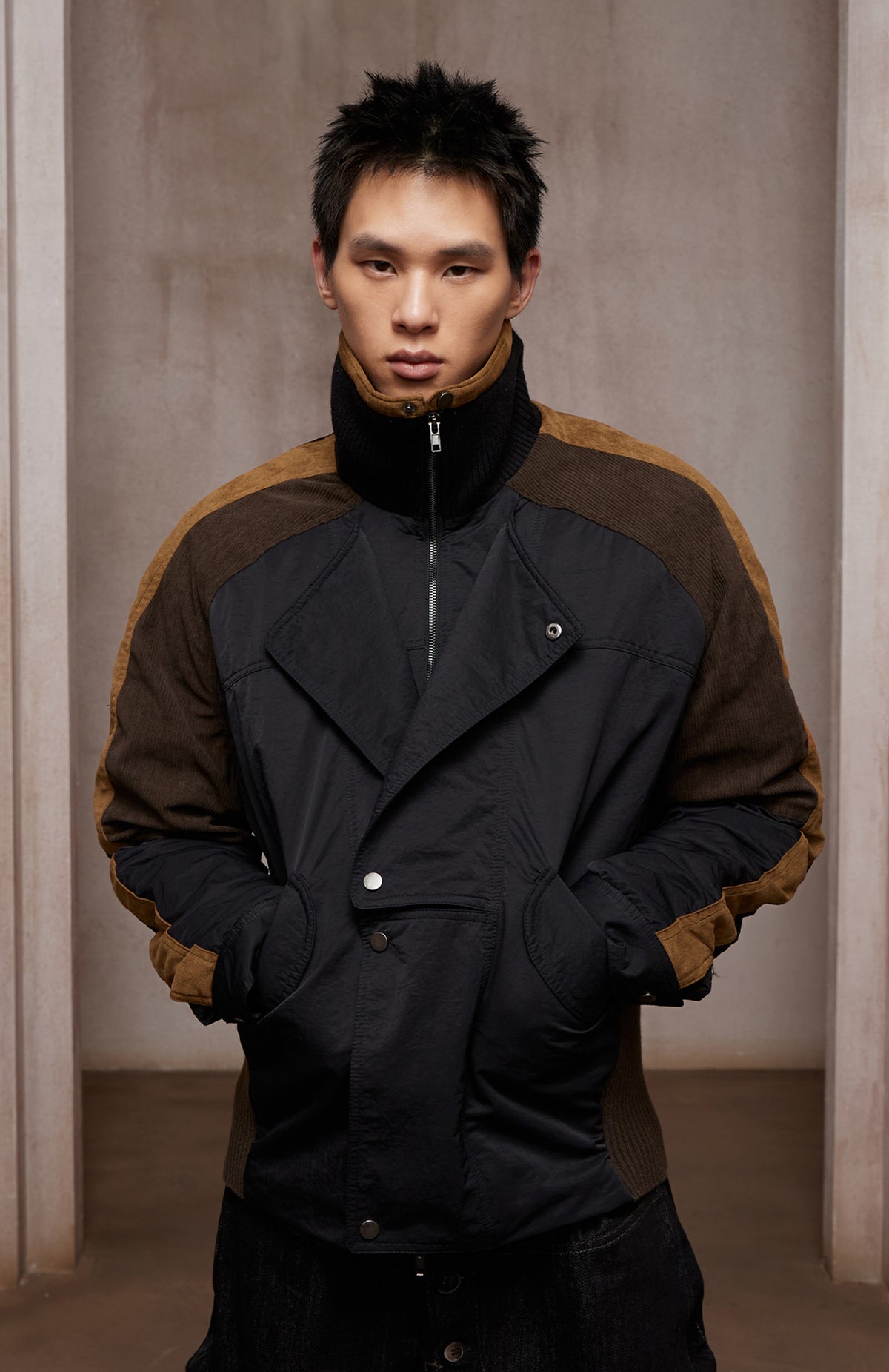 Asymmetric Front Suede-Corduroy Panel Padded Jacket (black X cosmic orange)