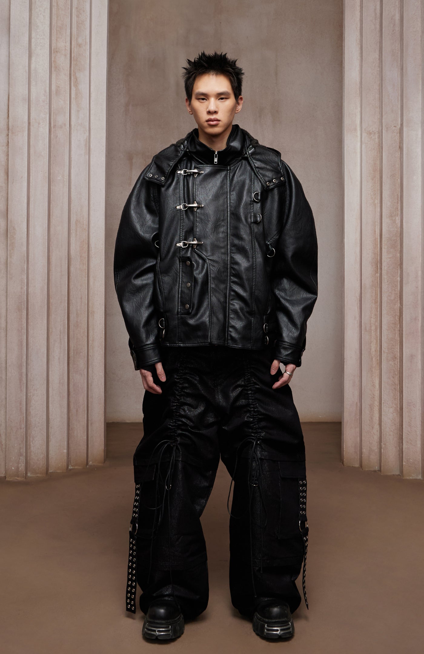 Dark Hardware Buckled Hooded Leather Biker Jacket