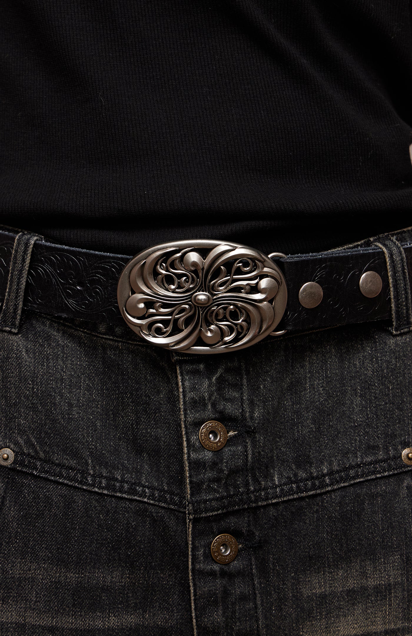 Chrome Acanthus Carved Leather Belt