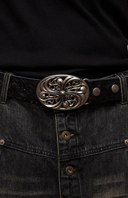 Chrome Acanthus Carved Leather Belt