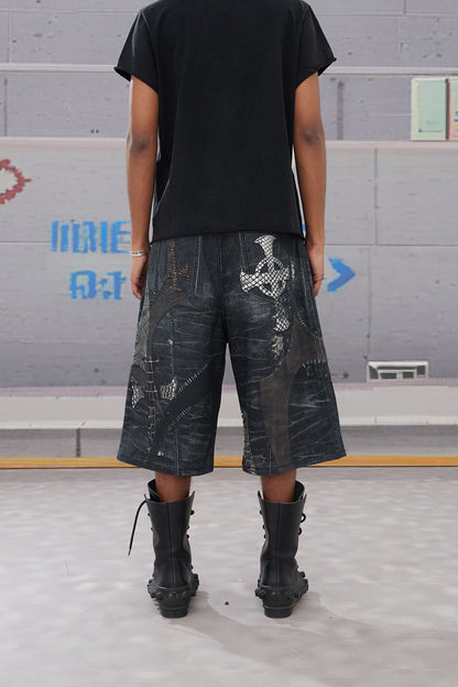 Leather Cross Splicing Printed 3/4 Jeans