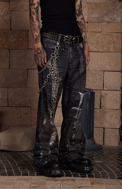 Leather Cross Splicing Printed Jeans