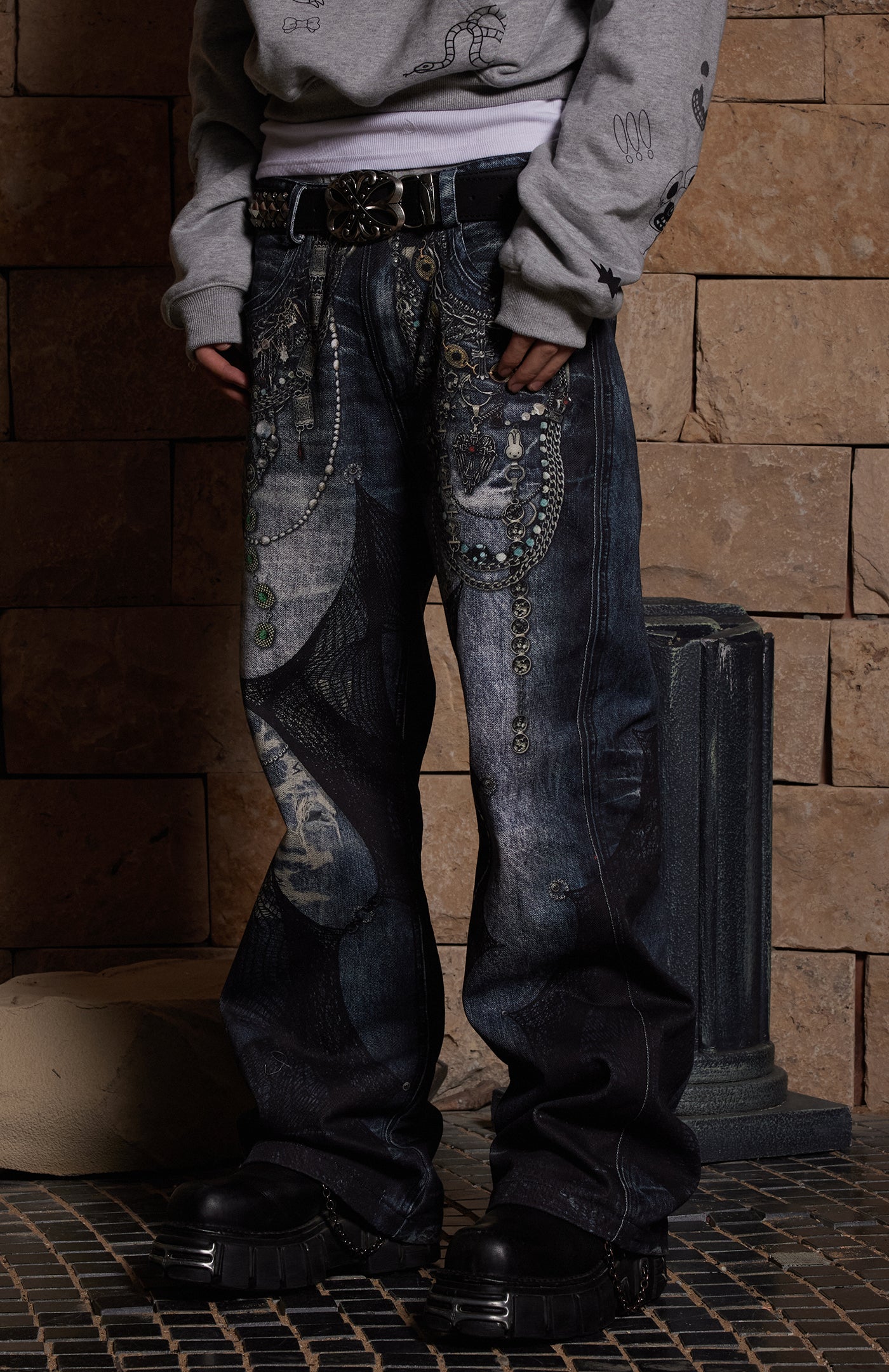 Chain Lace Patchwork Flared Jeans