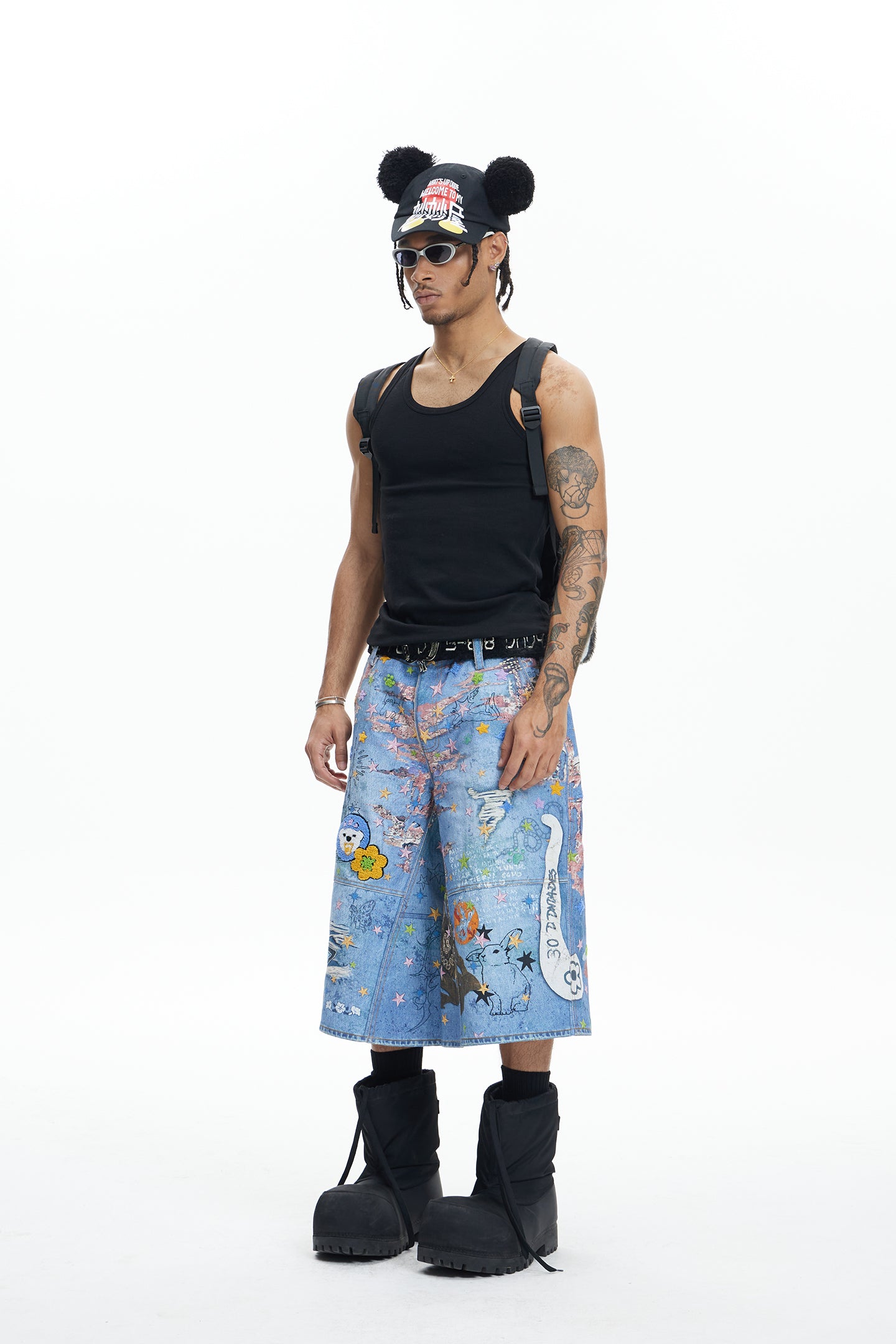 Star Graffiti Flocked Patches Embroidery Cartoon Oversized Pants