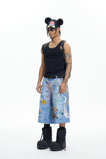 Star Graffiti Flocked Patches Embroidery Cartoon Oversized Pants