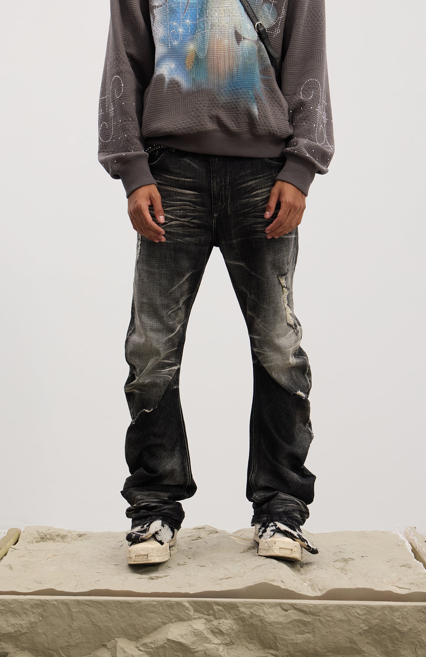 Dirty Fit Whiskered Distressed Washed  Stack Jeans