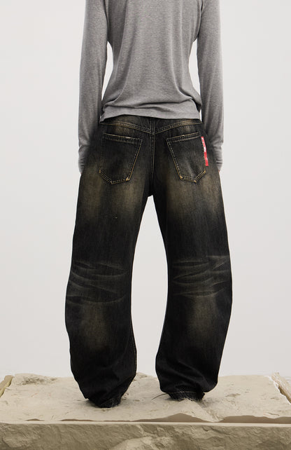 Curved Button Fly Loose Fit Washed Denim