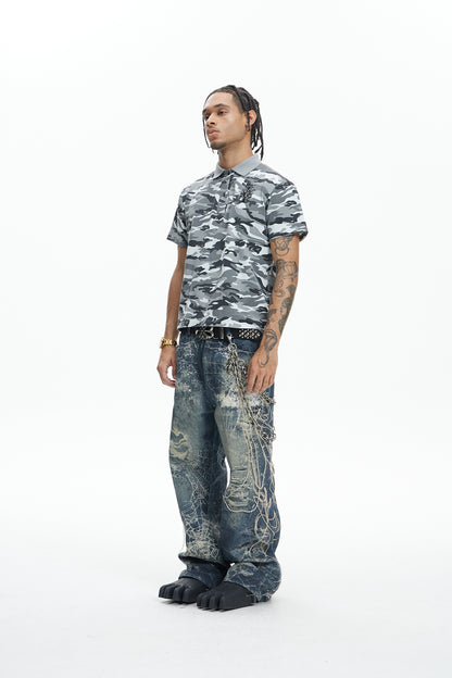 Spider Web Embroidery Tassel Hard Washed Jeans