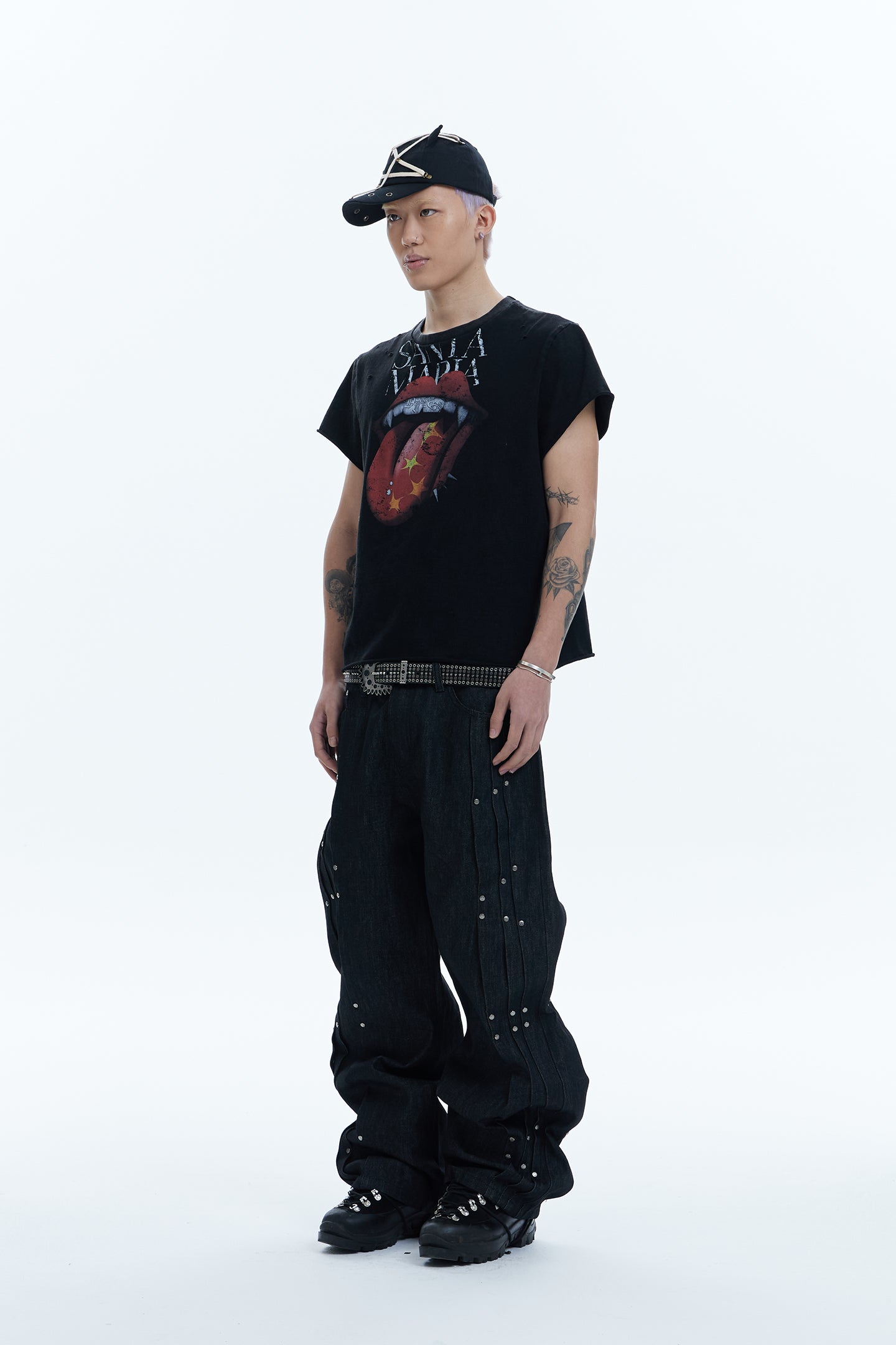Multi Pleats Asymmetric Riveted Raw Denim Wide-Leg Jeans
