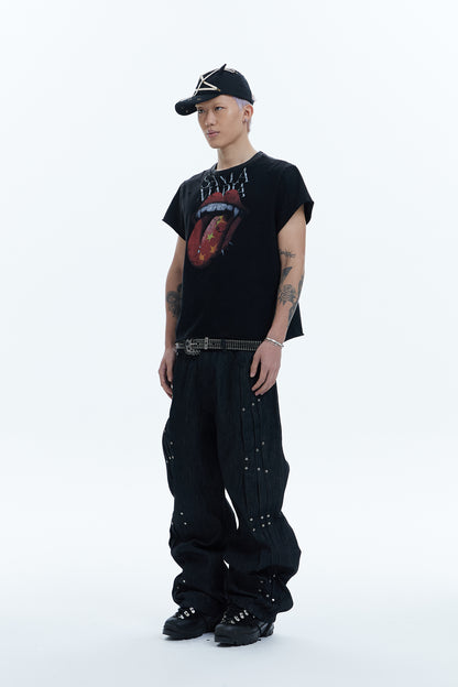 Multi Pleats Asymmetric Riveted Raw Denim Wide-Leg Jeans