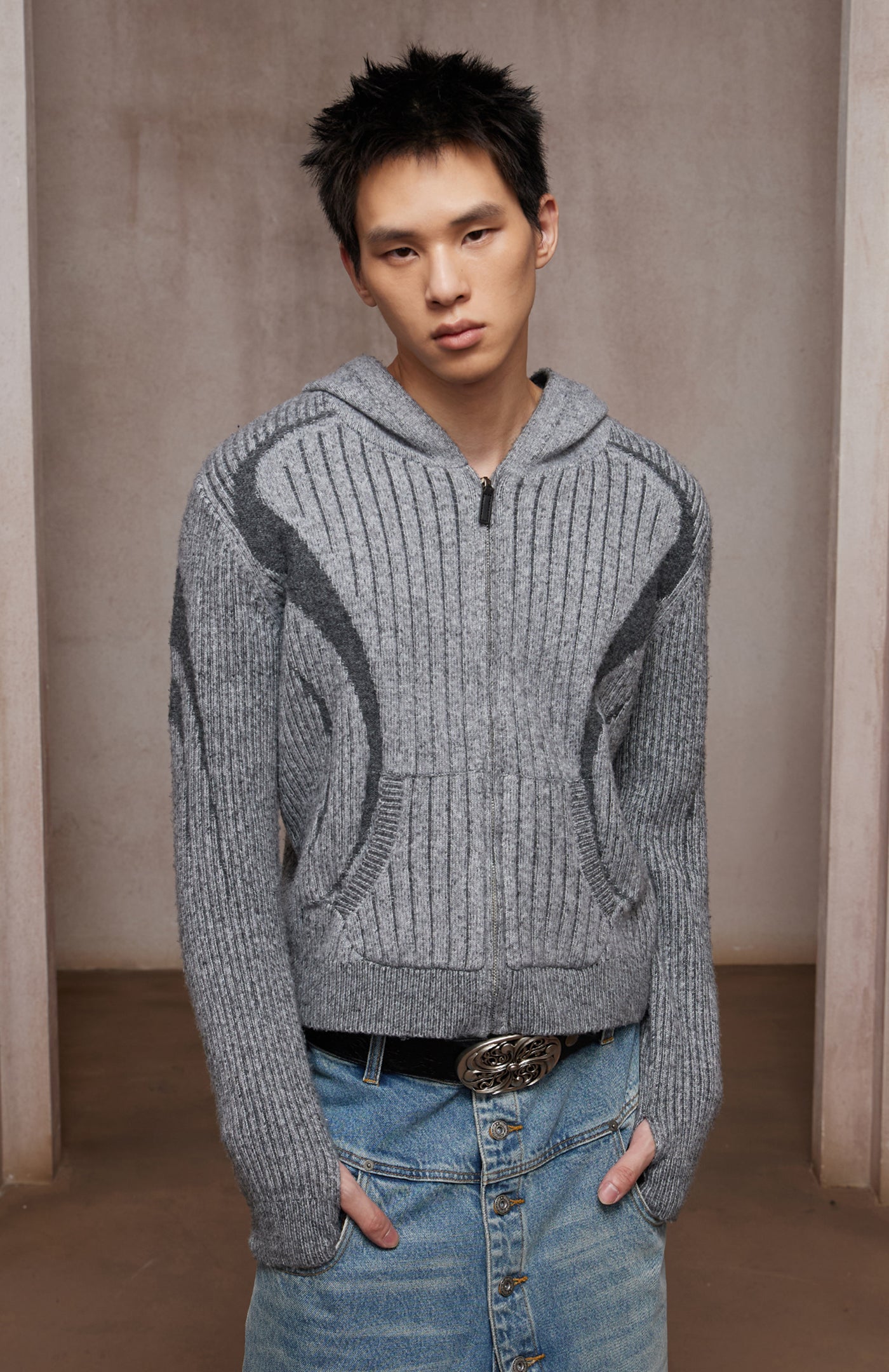 Structured Two-Tone Ribbed Knit Zip-Up Hoodie