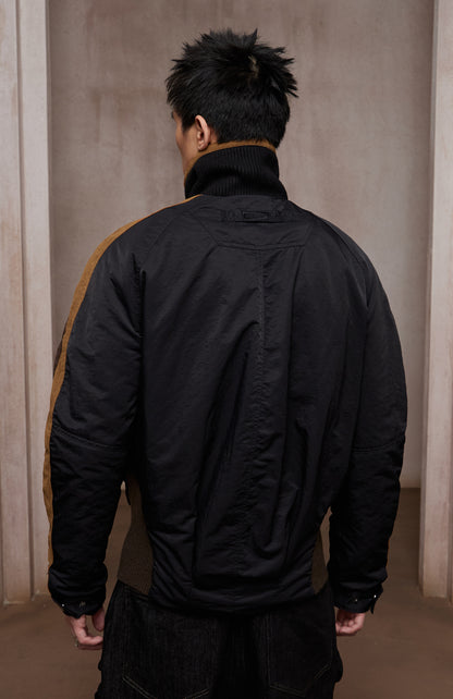Asymmetric Front Suede-Corduroy Panel Padded Jacket (black X cosmic orange)