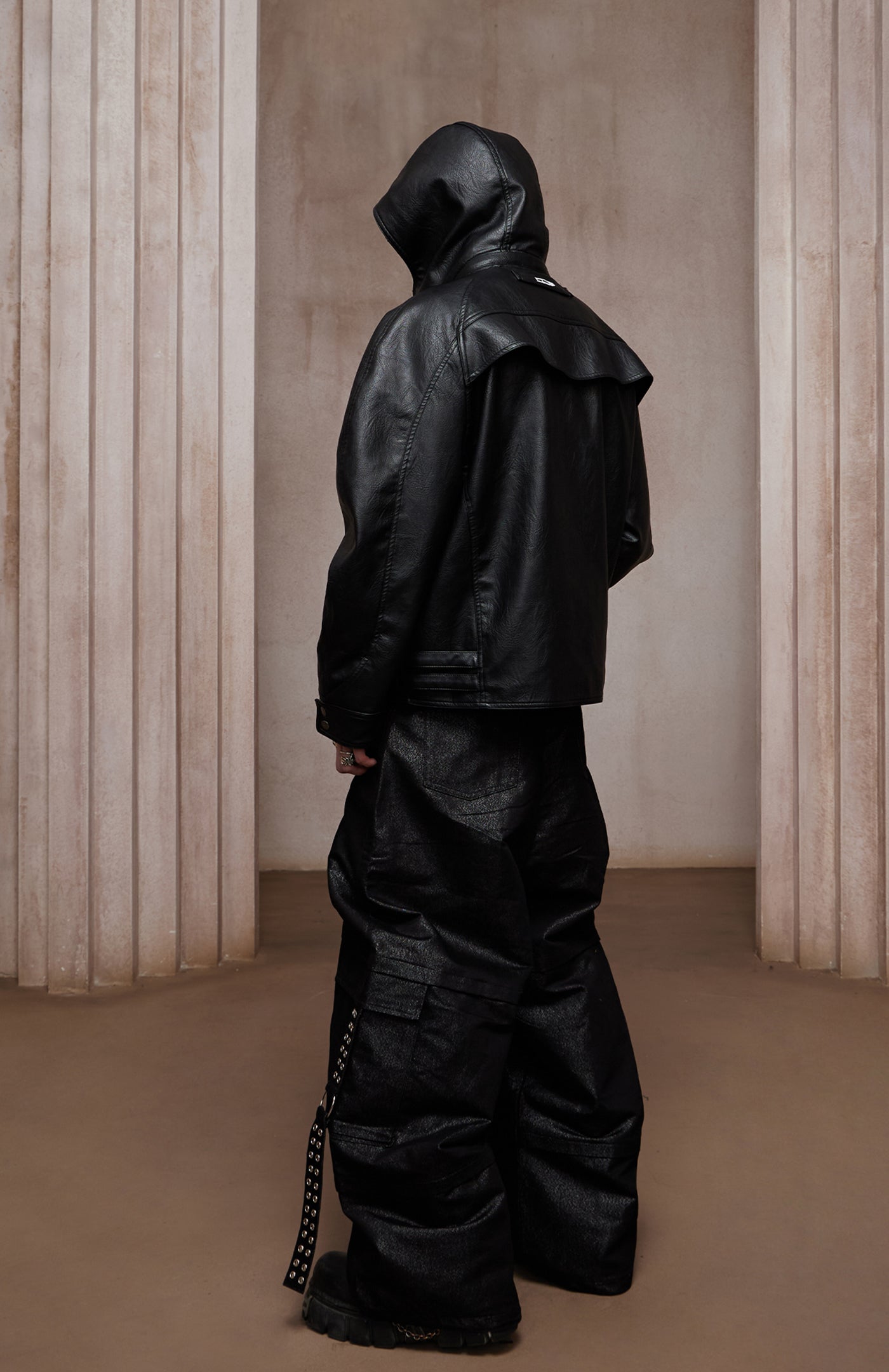 Dark Hardware Buckled Hooded Leather Biker Jacket