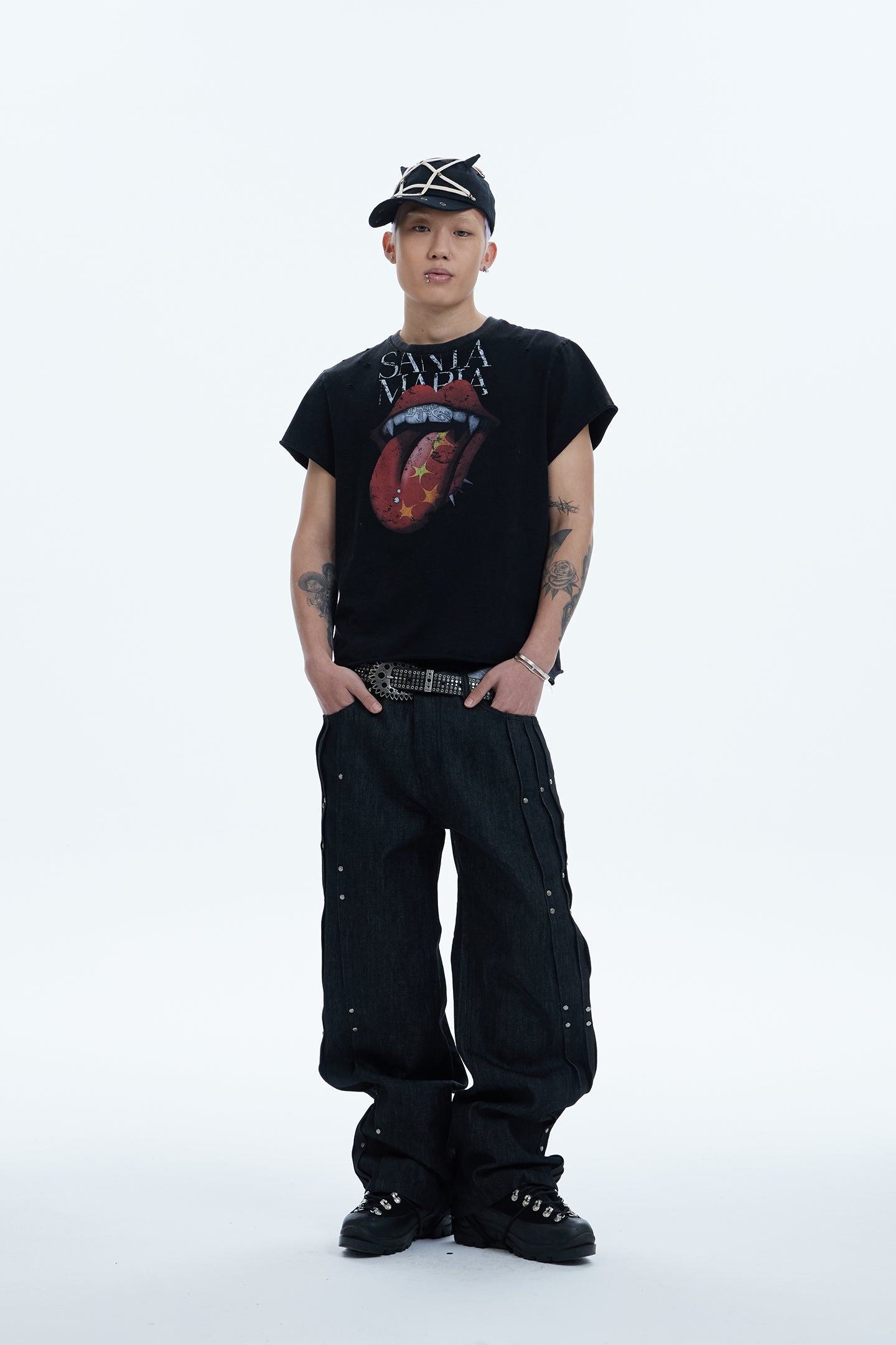 Multi Pleats Asymmetric Riveted Raw Denim Wide-Leg Jeans