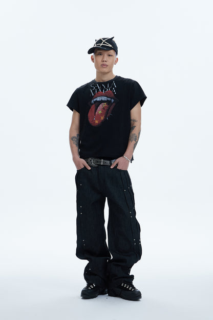 Multi Pleats Asymmetric Riveted Raw Denim Wide-Leg Jeans