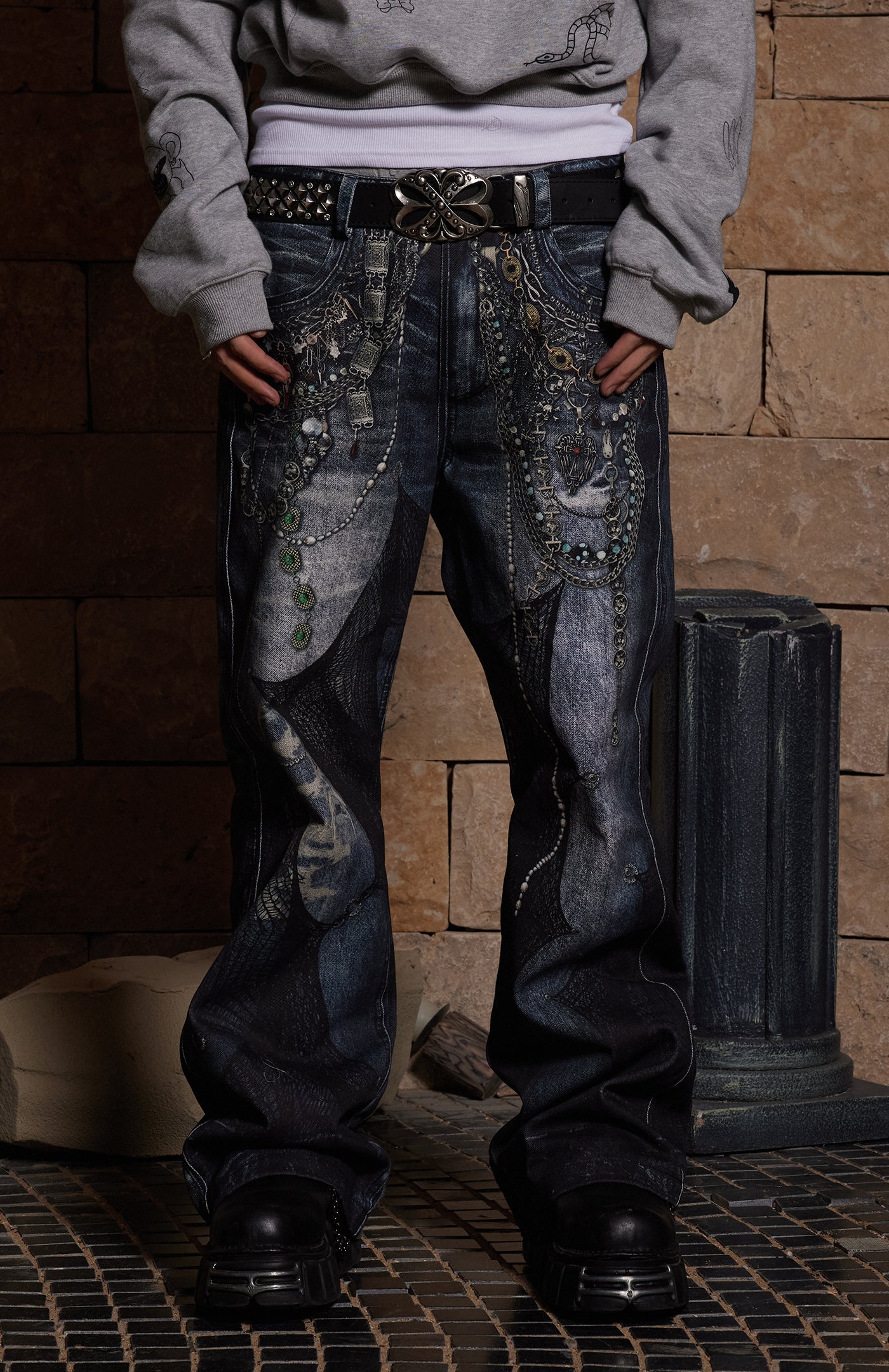 Chain Lace Patchwork Flared Jeans