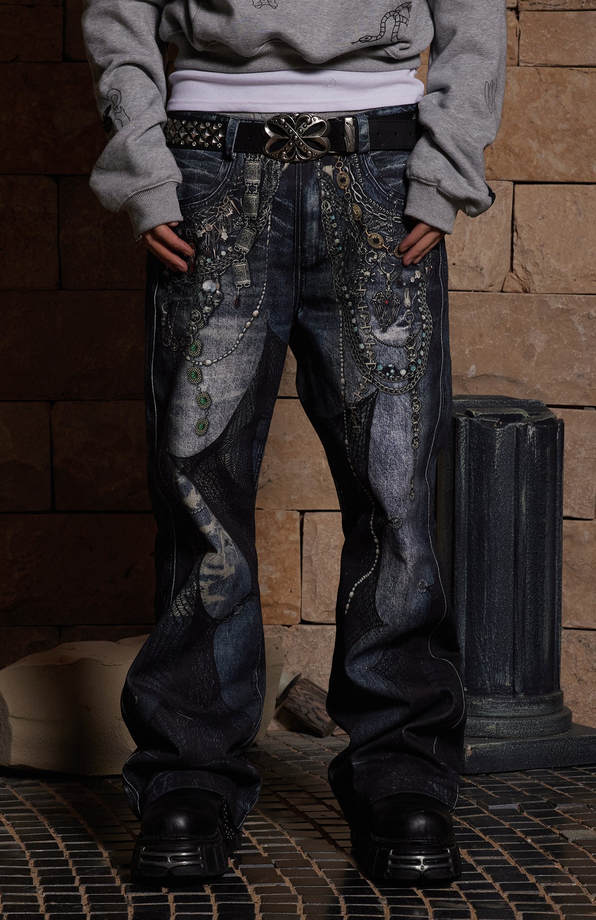 Chain Lace Patchwork Flared Jeans