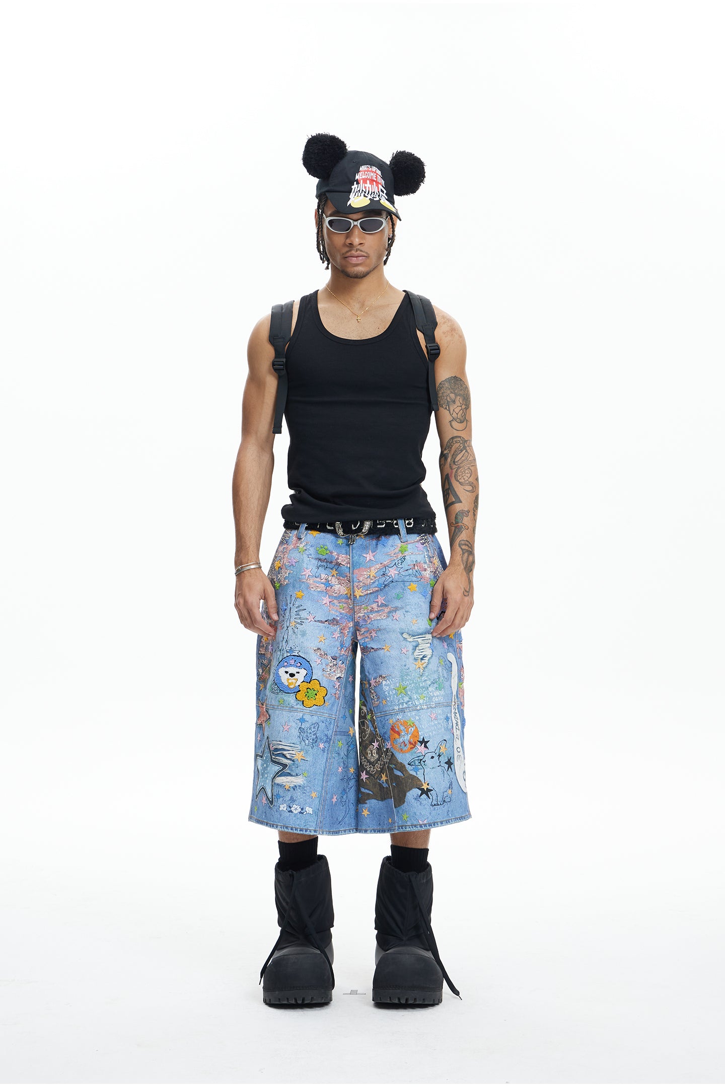 Star Graffiti Flocked Patches Embroidery Cartoon Oversized Pants