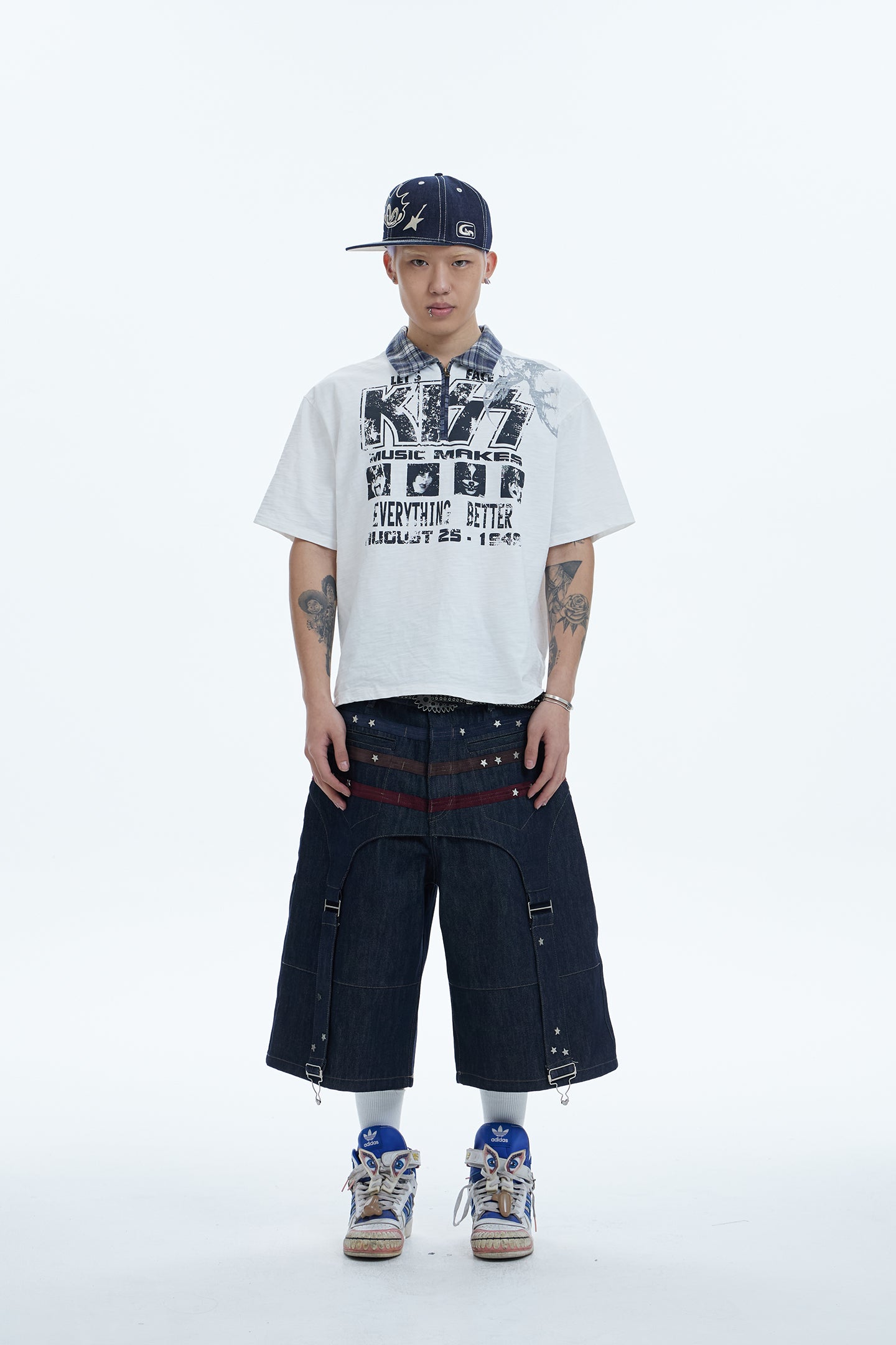 Triple Suede-Strapped Star-Rivet Harness Denim Shorts