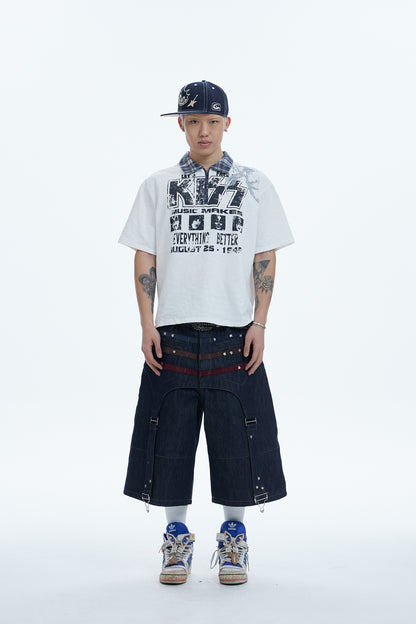 Triple Suede-Strapped Star-Rivet Harness Denim Shorts