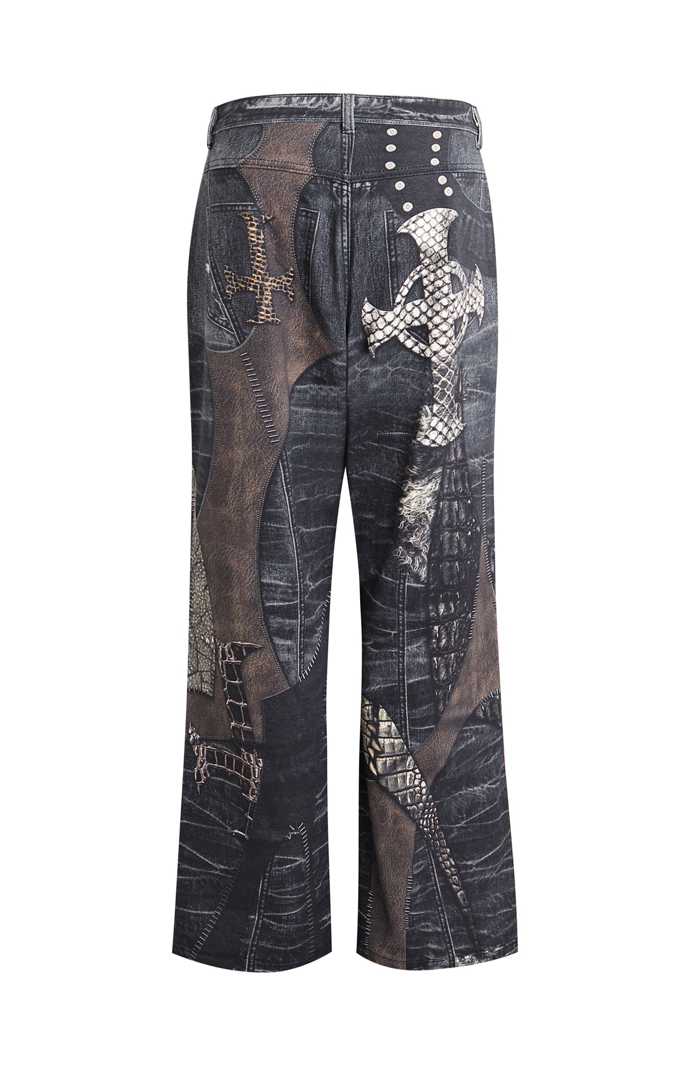 Leather Cross Splicing Printed Jeans