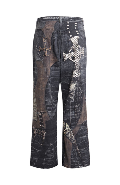 Leather Cross Splicing Printed Jeans