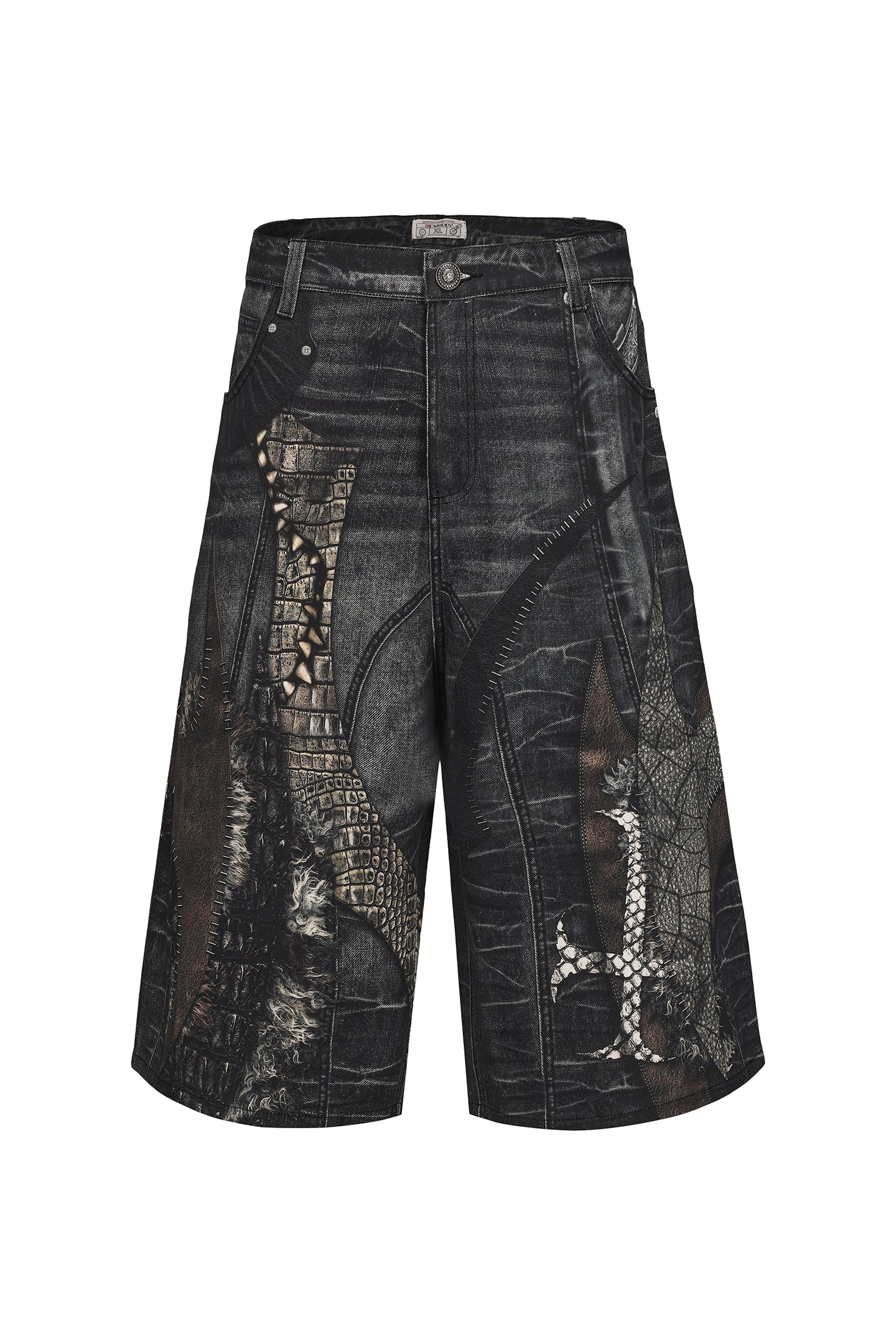 Leather Cross Splicing Printed 3/4 Jeans
