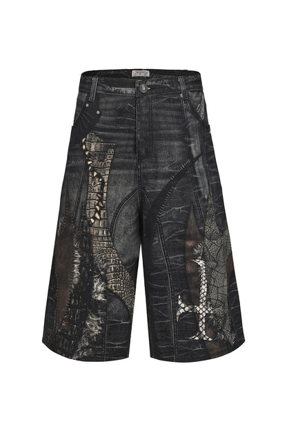 Leather Cross Splicing Printed 3/4 Jeans