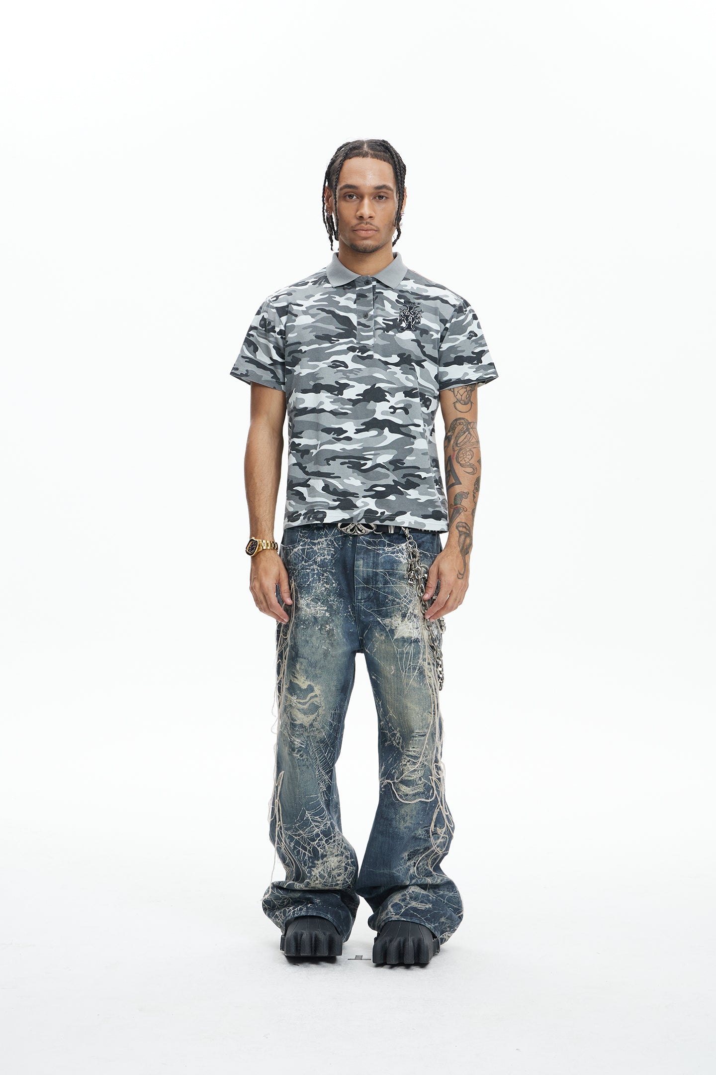 Spider Web Embroidery Tassel Hard Washed Jeans