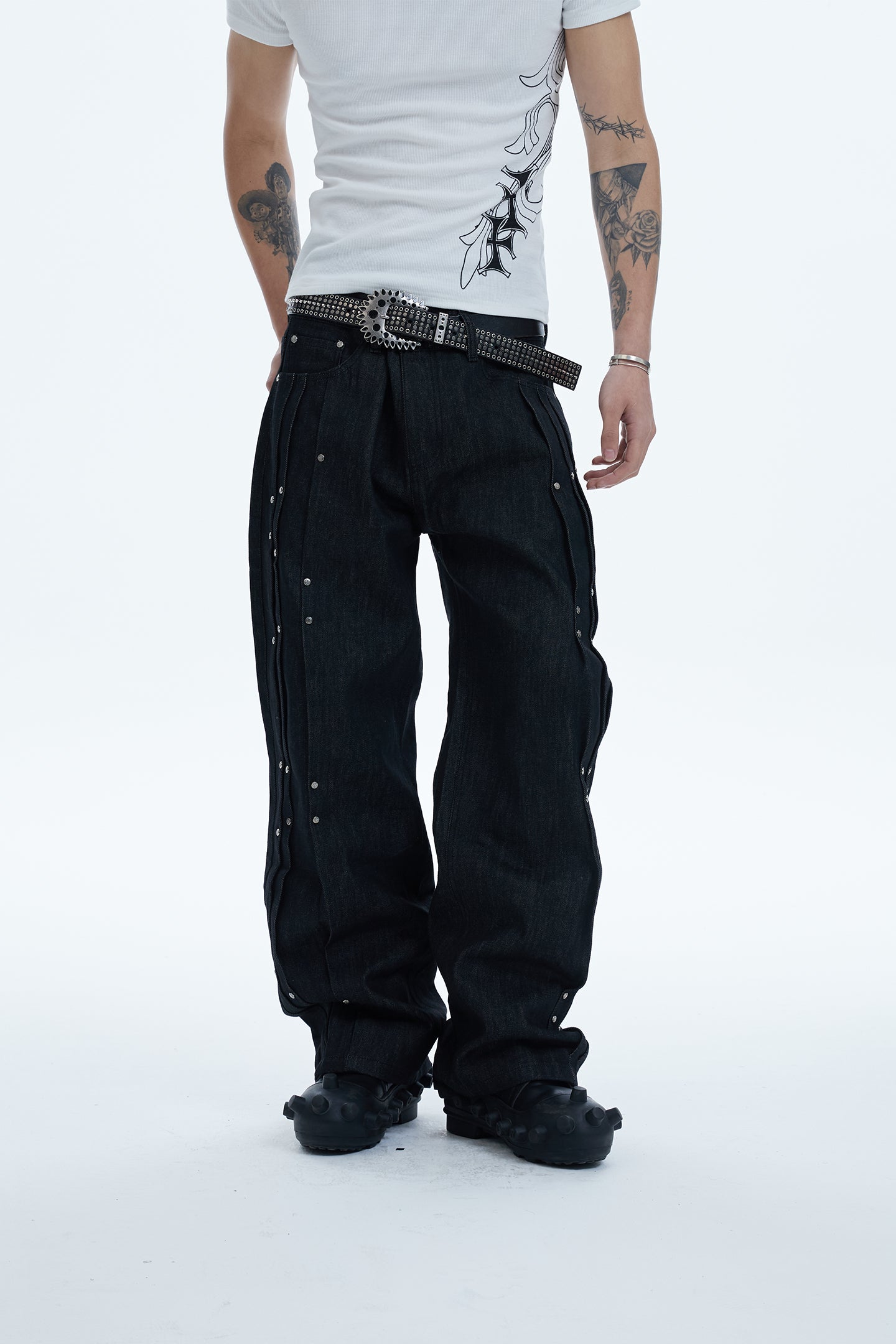 Multi Pleats Asymmetric Riveted Raw Denim Wide-Leg Jeans