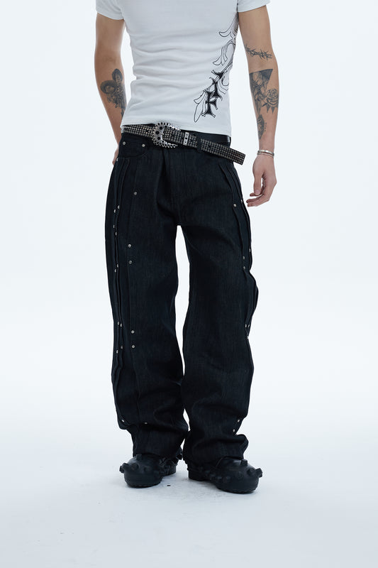 Multi Pleats Asymmetric Riveted Raw Denim Wide-Leg Jeans
