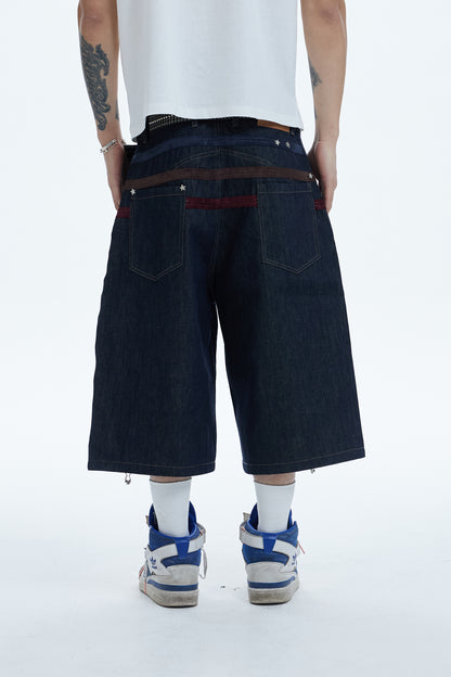 Triple Suede-Strapped Star-Rivet Harness Denim Shorts
