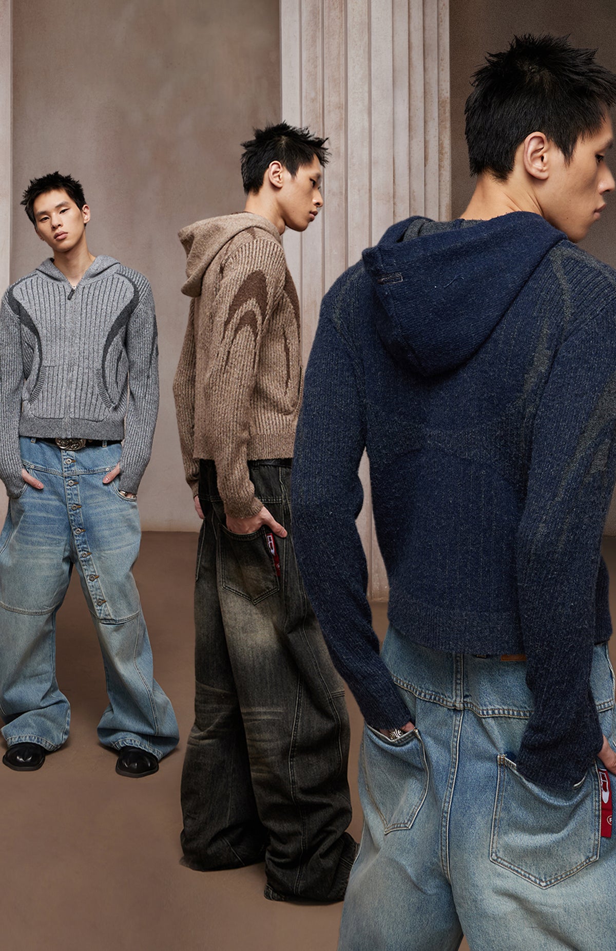 Structured Two-Tone Ribbed Knit Zip-Up Hoodie
