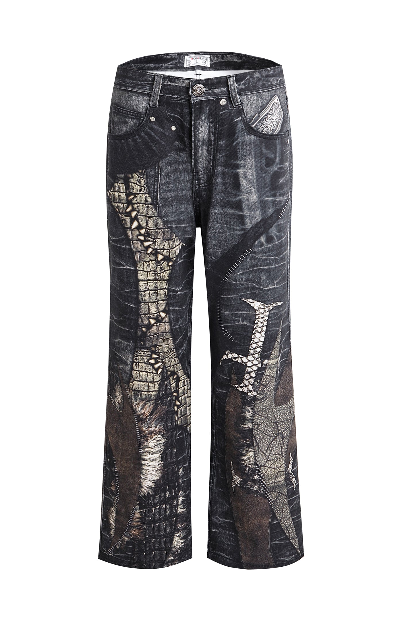 Leather Cross Splicing Printed Jeans