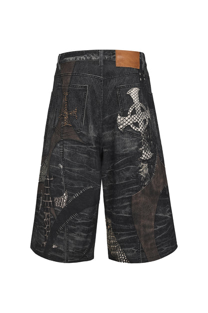 Leather Cross Splicing Printed 3/4 Jeans