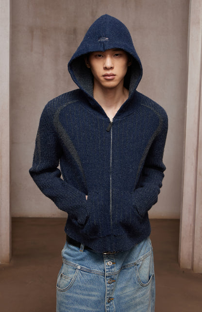 Structured Two-Tone Ribbed Knit Zip-Up Hoodie