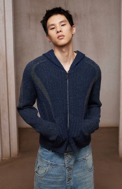 Structured Two-Tone Ribbed Knit Zip-Up Hoodie