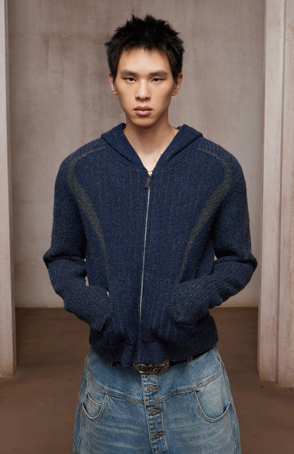 Structured Two-Tone Ribbed Knit Zip-Up Hoodie
