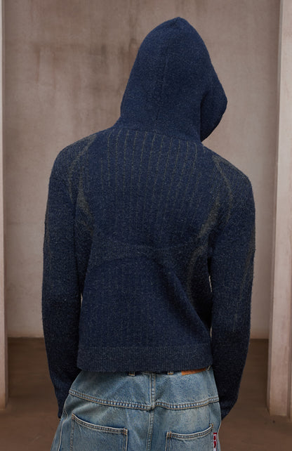 Structured Two-Tone Ribbed Knit Zip-Up Hoodie