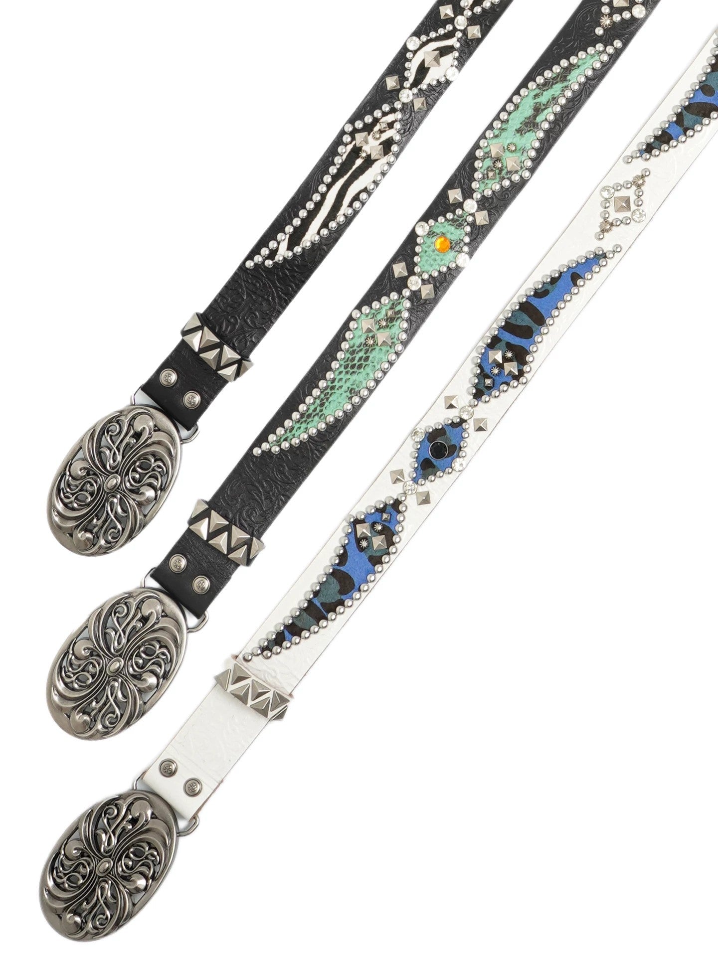 Western Chrome Buckle Tooled Rhinestone Patchwork Leather Belt