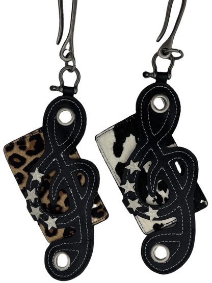 Genuine Haircalf Leopard x Cow Print Leather Cardholder with Music Notes and Star Rivets