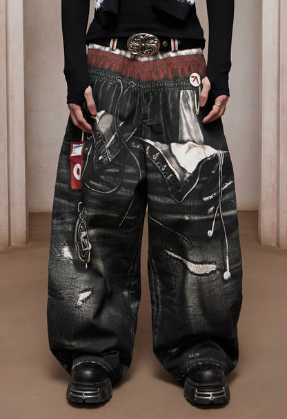 Trompe-l’œil Sports-Layered Printed Baggy Jeans