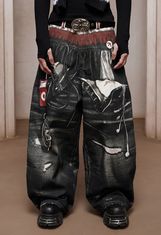 Trompe-l’œil Sports-Layered Printed Baggy Jeans