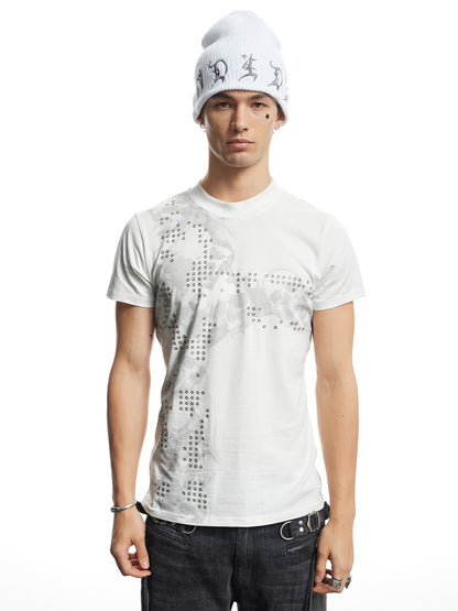 Rhinestone Gothic Cross Skull Print Fitted T-Shirt