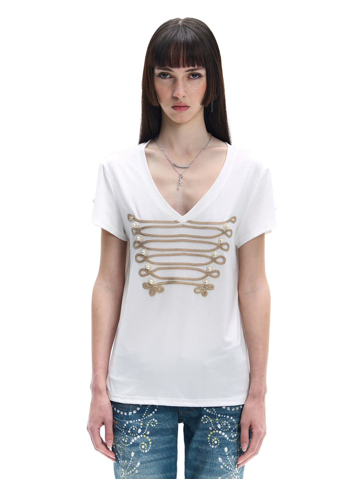 Regal Pearl Frogging Semi-Sheer V-Neck Top